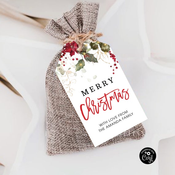 Christmas Gift Tag, Happy Holidays tags, Christmas party Tags for gifts, Personalized Tags, Poinsettia and Lights, Red Poinsettia, CMR1