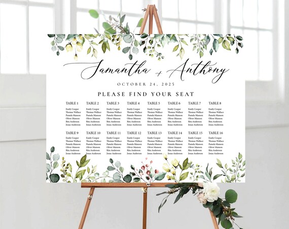 Wedding seating chart, Wedding seating chart alphabetical, Wedding seating chart table, Greenery Wedding Seating Chart, HB4