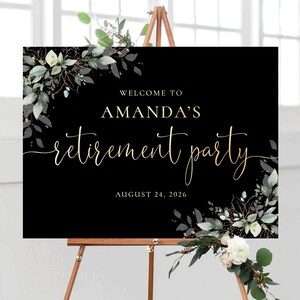 Greenery Retirement Party Welcome Sign, Black Gold Retirement welcome sign, Retirement Celebration Party Welcome Sign, Retirement Decor, HB3