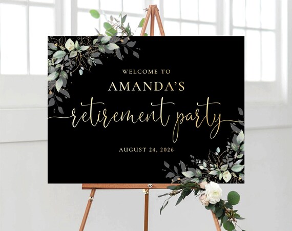 Greenery Retirement Party Welcome Sign, Black Gold Retirement welcome sign, Retirement Celebration Party Welcome Sign, Retirement Decor, HB3