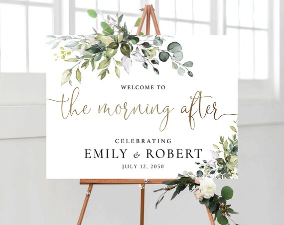 Greenery Welcome to the Morning After Sign, Modern Wedding Sign, Wedding Brunch Sign, Elegant Wedding Sign, Eucalyptus, Poster, Herbal, HB2
