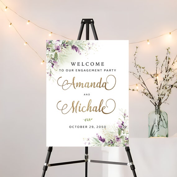 Greenery Purple Engagement Party Welcome Sign, Lilac Engagement Party Sign, Green Lavender Engagement Party Decor, We are engaged Sign, GPU