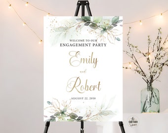 Letrero de bienvenida para fiesta de compromiso con vegetación: diseño de eucalipto (imprimible digitalmente)