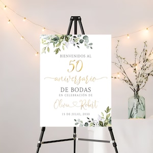 Bienvenidos al 50 Aniversario de Bodas, bord 50e huwelijksverjaardag, Spaans bord, groen decor 50e verjaardag, eucalyptus, decor, HB2