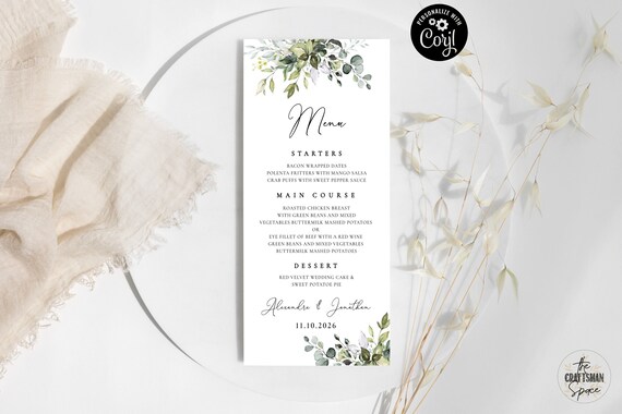 Greenery wedding Menu Template, Modern Wedding Menu, Minimal Wedding, Wedding Table Decor, Editable, Corjl, Eucalyptus, HB2