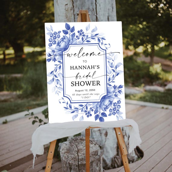 Blue Porcelain Bridal Shower Welcome Sign, Floral Chinoiserie Bridal Shower Decorations, Boho Bridal Brunch Poster, Watercolor Flower, BP1