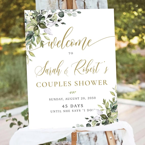 Greenery Couples Shower Welcome Sign, Faux Gold, Eucalyptus Bridal Brunch (Printed or Digital File)