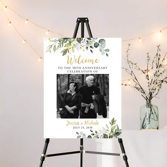 50th Wedding Anniversary with photo sign, 50th Anniversary sign, 50th anniversary sign, Greenery 50th Anniversary decor, Eucalyptus, HB2