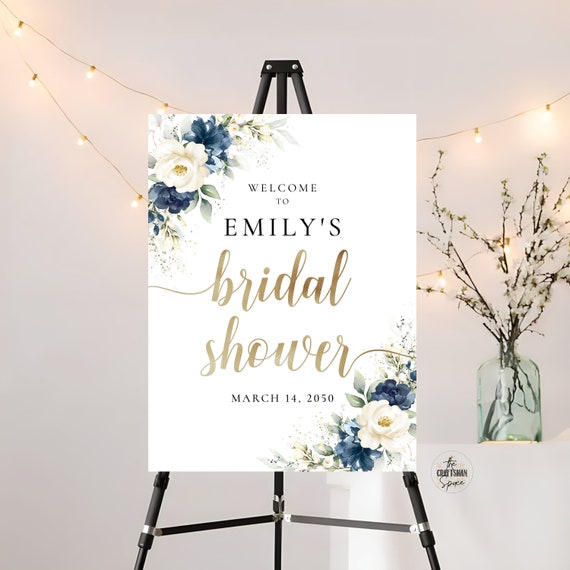 Navy Blue and White Floral Bridal Shower Welcome Sign, Bridal Shower Decoration, Bridal Brunch Welcome Sign, Bridal Tea Sign, Printable, NW1