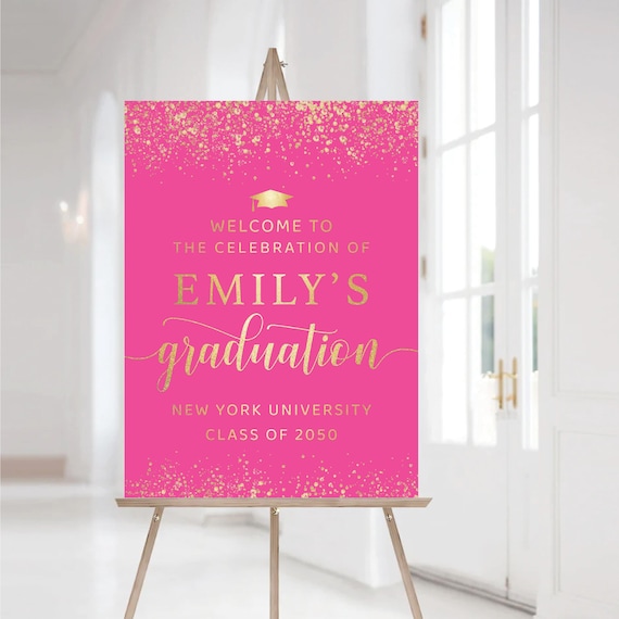 Pink Golden Graduation Party Welcome Sign, Gold Glitter Graduation Decoration, Modern Graduation with photo Party Banner, Grad Party Poster