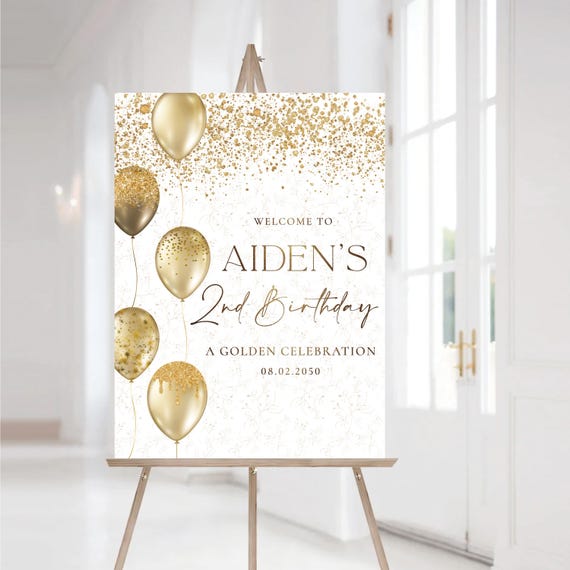 2nd Birthday Party Welcome Sign, Printable Gold Birthday Welcome Poster, Birthday Celebration Sign, Gold Balloons and Confetti, Digital File