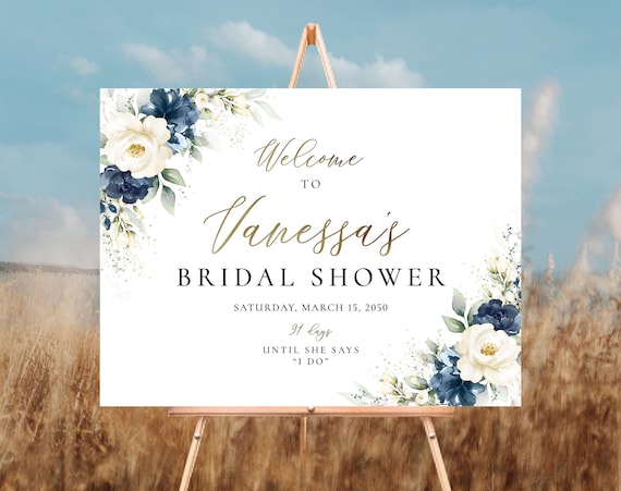 Navy Blue and White Floral Bridal Shower Welcome Sign, Bridal Shower Decoration, Bridal Brunch Welcome Sign, Bridal Tea Sign, Printable, NW1