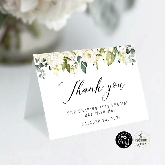 White roses Wedding Thank you Card, Folded Thank you Card, 100% Editable, Digital File, Corjl, White roses, WR1