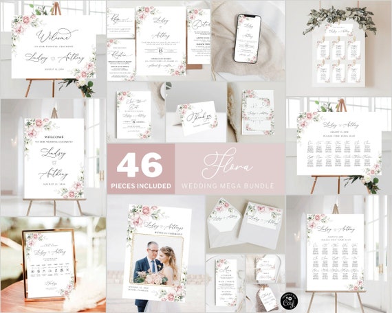 FLORA Blush Pink Roses Wedding Mega Bundle, Wedding Invites Mega Bundle, 46 Pieces, Wedding Invitation Template, Printable, Soft Pink, A2