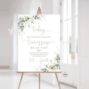 Vegetação na noite anterior ao jantar de ensaio, placa de ensaio de casamento, placa de boas-vindas de casamento, decorações de casamento, eucalipto, HB3