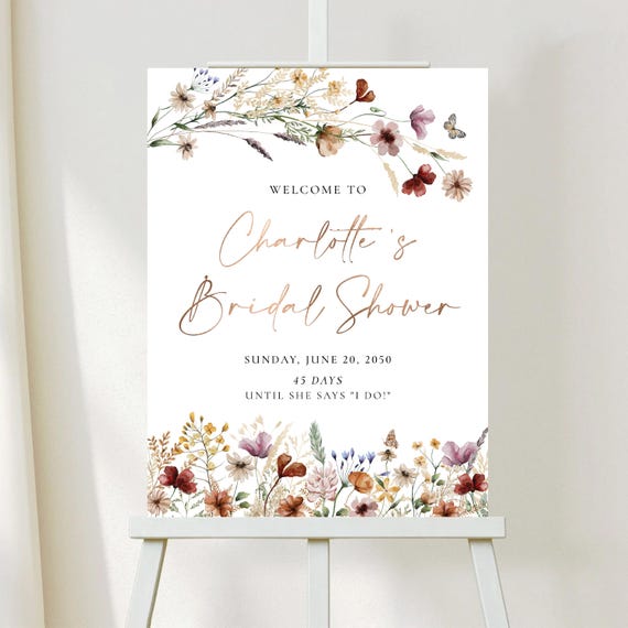 PRINTED OR DIGITAL Boho Floral Bridal Shower Welcome Sign, Faux Gold, Foam Board Poster, Printable Rustic Wildflower Bridal Shower Sign, tiy