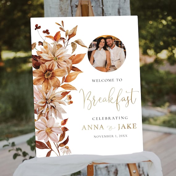 Autumn Floral Wedding Breakfast Welcome Sign, Personalized Photo, Bohemian (Digital Printable)