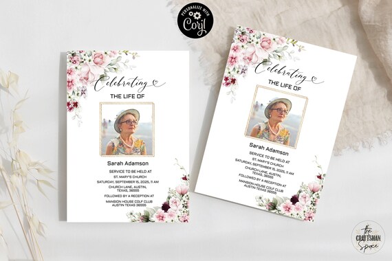 Soft Blush roses Celebration of Life Invitation, Funeral Invitation, Funeral Memorial Service Invite, Corjl, 100% Editable, A1