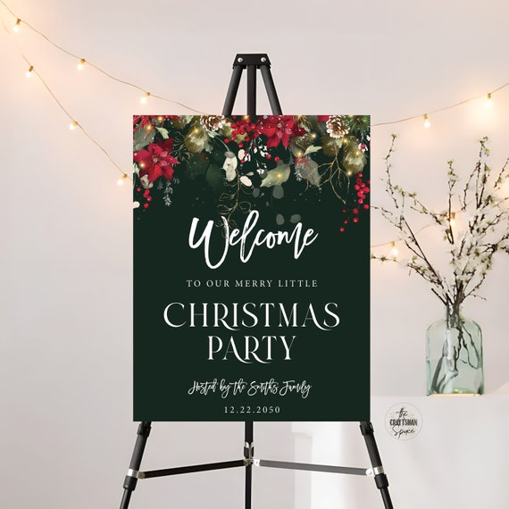 Christmas Party Welcome Sign, Christmas Welcome Poster, Printable Christmas Welcome Sign, Holiday Welcome Sign, Poinsettia and Lights, CRM1