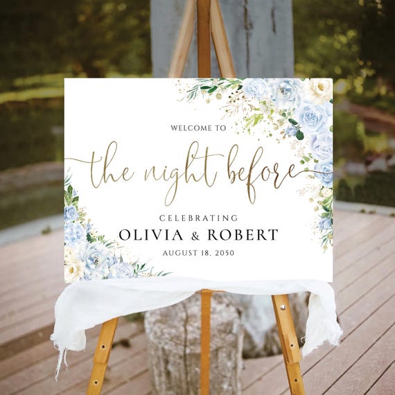 Dusty Blue Floral The night before Welcome Sign, Botanicals Wedding Rehearsal Dinner Decor, Modern Wedding Poster, Eucalyptus, Herbal, LB2