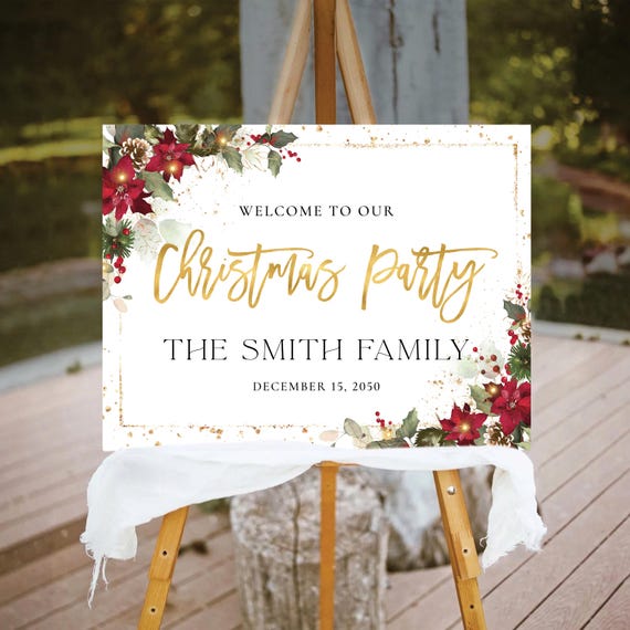 Christmas Party Welcome Sign, Christmas Welcome Poster, Printable Christmas Welcome Sign, Holiday Welcome Sign, Poinsettia and Lights, CRM6