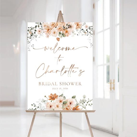 Autumn Floral Bridal Shower Welcome Sign, Burnt Orange, Boho Decor (Digital Printable)