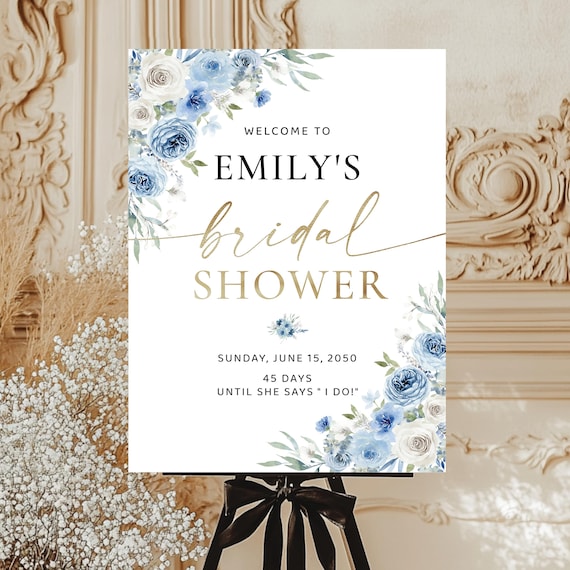 Dusty Blue Bridal Shower Welcome Sign, Ivory Flowers, Boho Decor (Digital Printable, DB1)