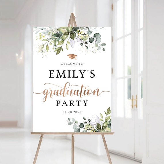 Greenery Graduation Party Welcome Sign, Digital File, Grad Party Sign, Graduation Decoration, Graduation Banner, Eucalyptus, Botanicals, HB2