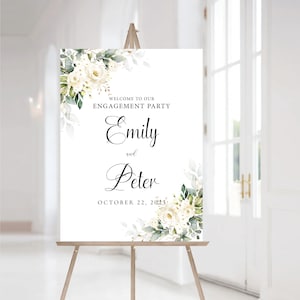 White roses Engagement party Welcome Sign, Greenery Engagement Party Decor, We are engaged, Bohemian, Eucalyptus, Cream roses, WR3