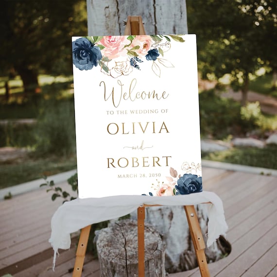 Navy Blush Pink Wedding Welcome Sign, Wedding Ceremony Sign, Wedding Decoration, Modern Wedding Sign, Personalized Wedding, Bohemian, NB1
