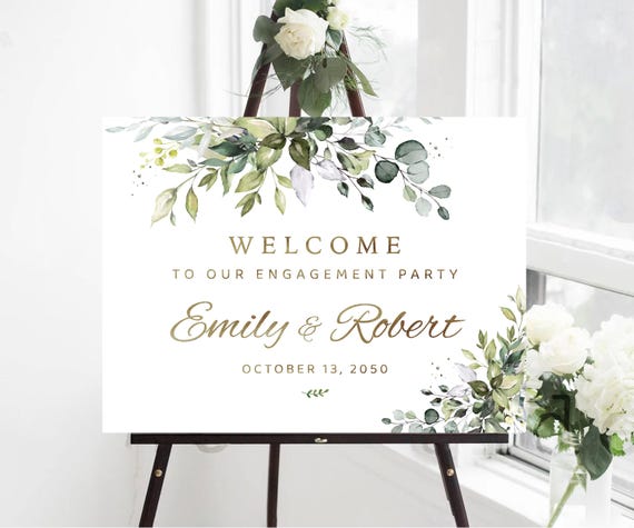 Watercolor Greenery Engagement Party Welcome Sign, Botanicals Wedding Rehearsal Decorations, Minimalist We are Engaged Sign, Eucalyptus, HB2