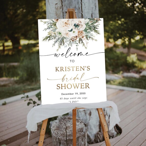 Winter Bridal Shower Welcome Sign, Pine With White Floral Bridal Shower Sign, Boho White Floral Rose Bridal Decor, Rustic Forest Pine, WF1