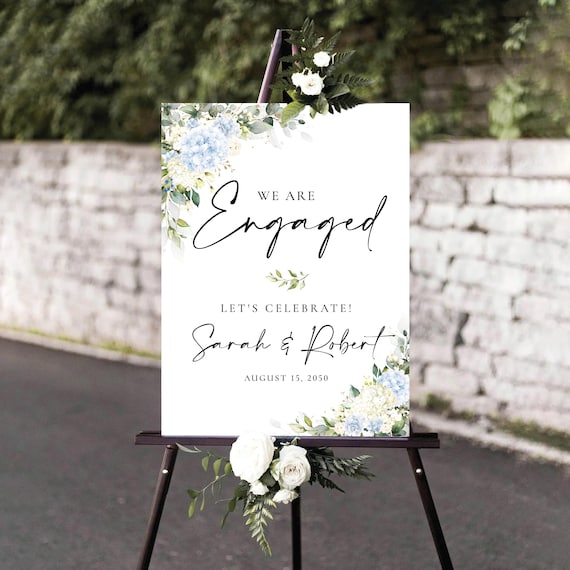 PRINTED OR DIGITAL Blue & White Hydrangea Engagement Party Welcome Sign, Foam Board, Poster, Botanicals We are Engaged Let’s Celebrate, BW1