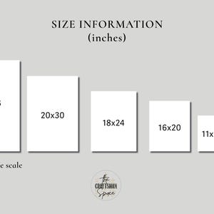 May include: Image showing artwork size information in inches, ranging from 8x10 inches to 24x36 inches. The text "Approximate scale" is included, alongside a logo for "The Craftsman Space." The sizes are displayed in a descending order.
