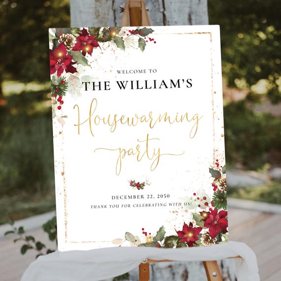 Red Poinsettia Housewarming Welcome Sign, Christmas New Home Decor (Digital Printable)