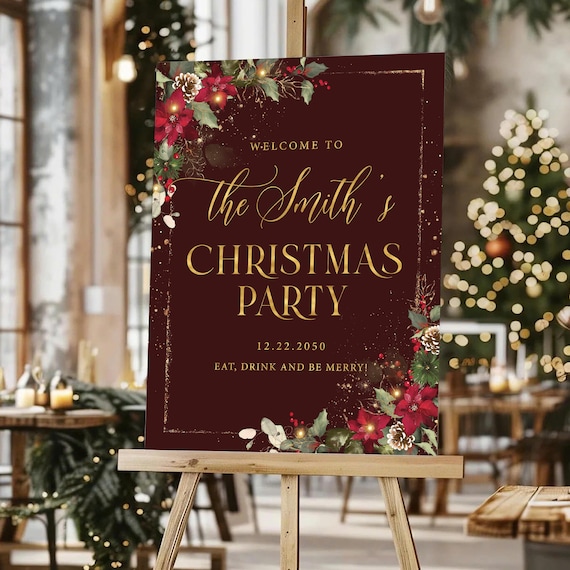 Red and Gold Christmas Party Welcome Sign, Poinsettia and Lights (Printed or Digital File)