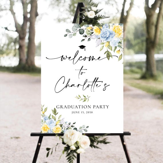 Blue and Yellow Floral Graduation Party Welcome Sign, Graduation Decor, Greenery Grad Party Sign, Modern Grad Sign, Eucalyptus, Bohemian,BY1