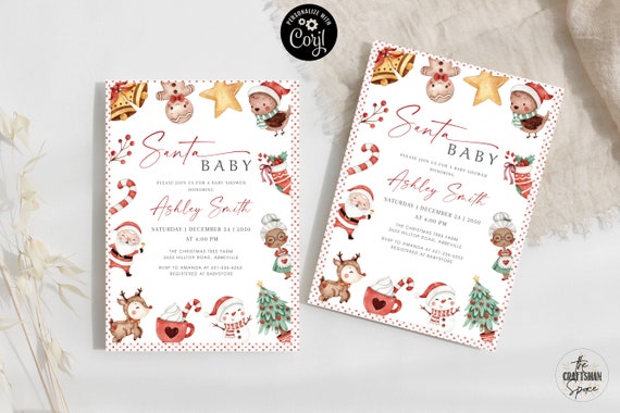 Santa Baby Christmas Invitation, Baby Shower Invitation Template, Holiday Party Invitation, Party Announcement, Editable, Corjl