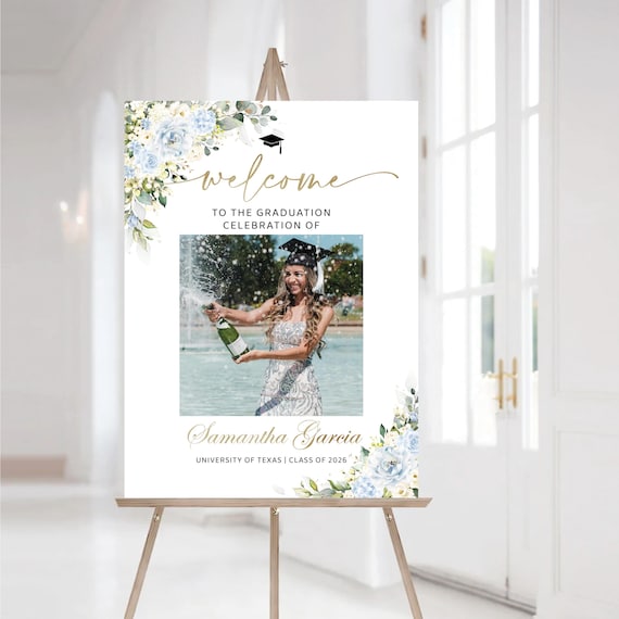 Floral Graduation Welcome Sign, Light Blue and White Flowers, Photo Grad Party (Digital Printable)