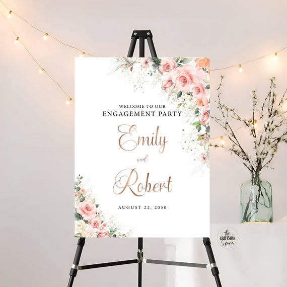 Blush Pink Roses Engagement Party Welcome Sign Template, We are Engaged Sign, Blush Engagement Party Decorations, Printable, Eucalyptus, EB2