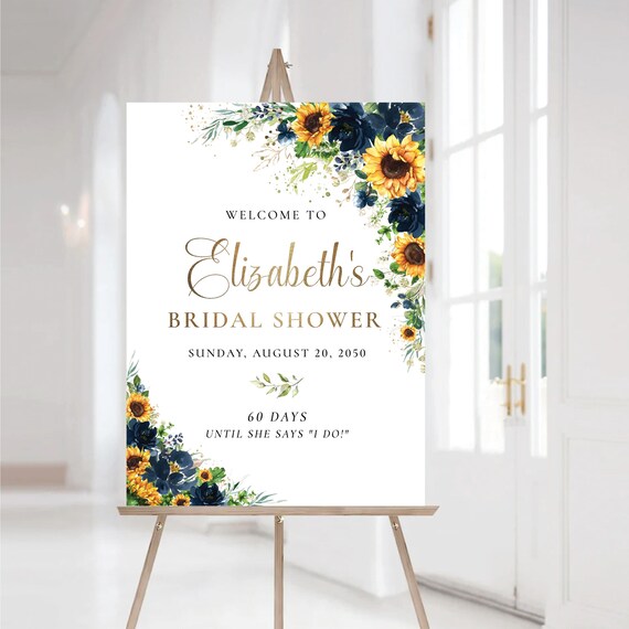Navy Blue Sunflower Bridal Shower Welcome Sign Template, Printable Modern Wedding Shower Decoration, Boho Floral Editable Bridal Brunch Sign