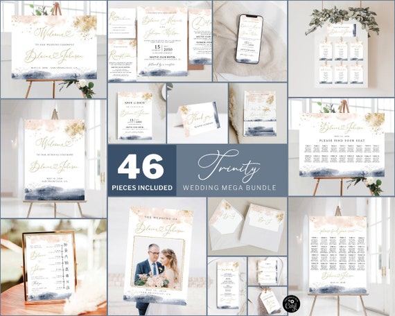 TRINITY Navy and Gold Wedding Mega Bundle, Ombre Watercolor Ultimate Wedding Bundle, 46 Pieces, Minimalist Wedding Invitation Template, NG1