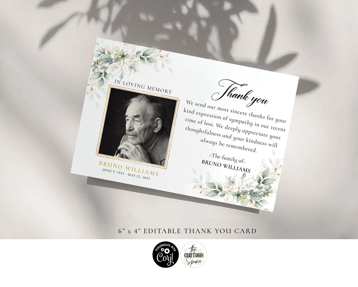 Greenery Funeral Thank You Card Template: Editable Eucalyptus (digital ...