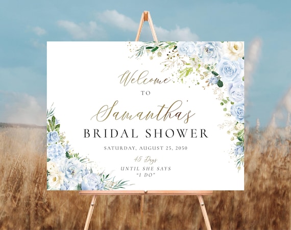 PRINTED OR DIGITAL Soft Blue Flower Bridal Shower Welcome Sign, Faux Gold, Foam Board or Poster, Botanical Bridal Shower Sign, Boho Wedding