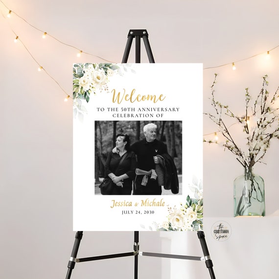50th Wedding Anniversary with photo sign, 50th Anniversary sign, 50th anniversary sign, White roses 50th Anniversary decor, Greenery, WR3