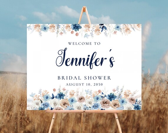 Blue boho Bridal Shower Welcome Sign, Boho Wedding Shower Decorations, Navy blue Bridal Brunch Banner, Modern Bridal tea Poster, Bohemian