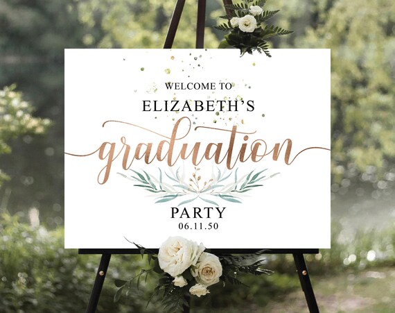 Greenery Graduation Party Welcome Sign, Rustic Graduation Poster, Gold Glitter, Graduation Decoration, Grad Party Poster, Eucalyptus, Herbal