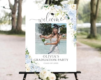 Floral Graduation Welcome Sign with Photo: Light Blue & Greenery, White Flowers (Digital File)