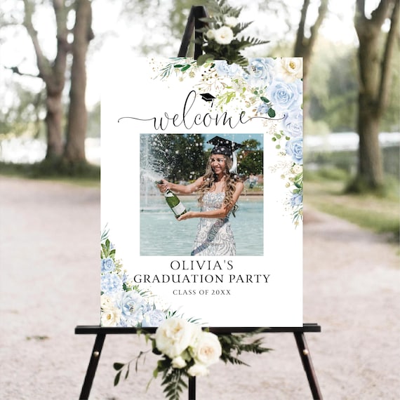 Light blue florals Graduation with photo Welcome Sign, Photo Graduation Poster, Modern Graduation Decor, Grad Party Decor, Eucalyptus, LB2