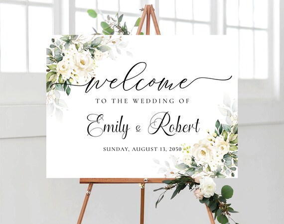 White roses Wedding Welcome Sign, Botanicals Wedding Decoration, Cream Roses Wedding Rehearsal Sign, Modern Wedding Poster, Eucalyptus, WR3